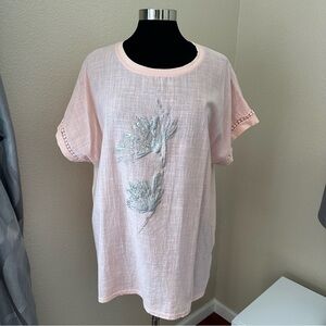 Boho Mixed Materials Short Sleeve Floral Peach Tunic